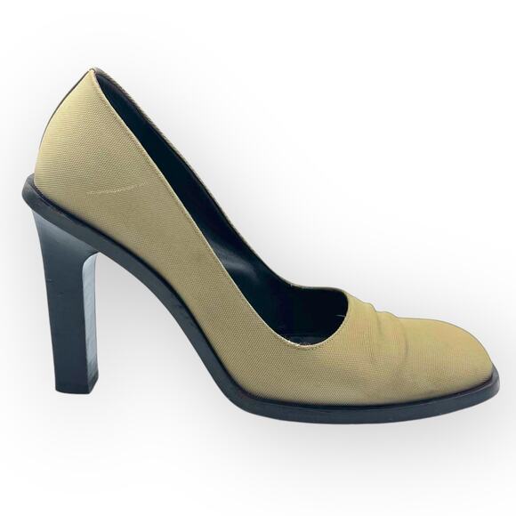 Pumps Leather and Honeycomb Olive Gold Wooden Square Heel...